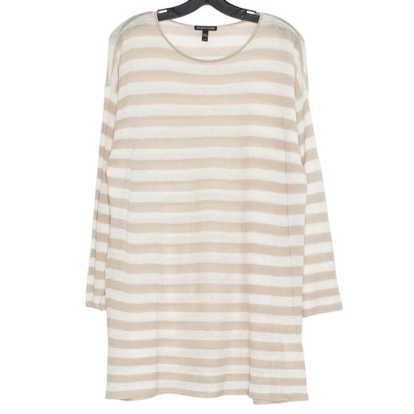 Eileen Fisher Tunic Top Organic Linen Coastal Minimalist Neutral Stripe Large - Picture 1 of 6